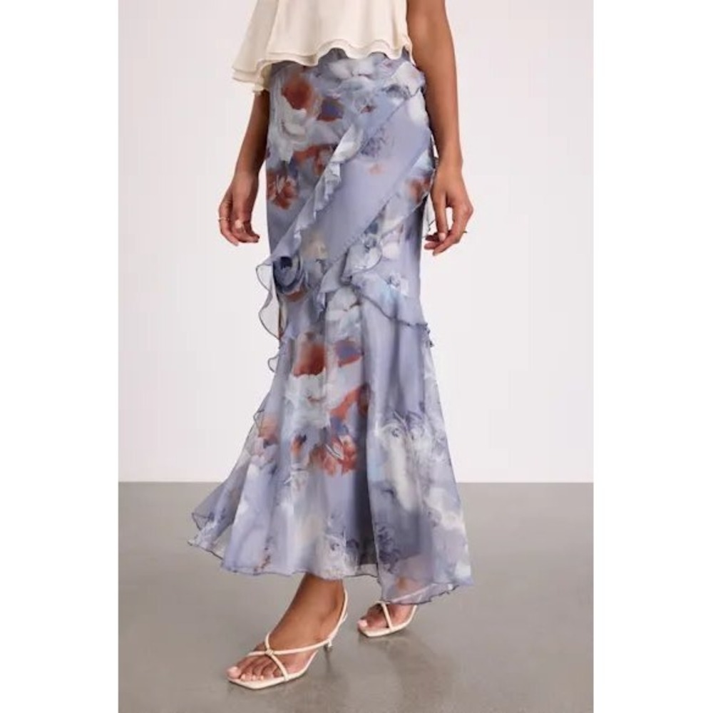 Lulus Breelyn Dusty Lavender Floral Midi Skirt High Waisted Ruffled Size M NWT